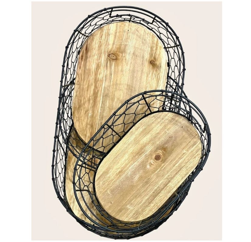 Ensemble Panier en Fer Interieur Bois 3 Pieces Forme Ovale