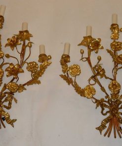 1880′ Paire d’Appliques en Bronze Doré à Décor Floral 5 Bras de Lumière